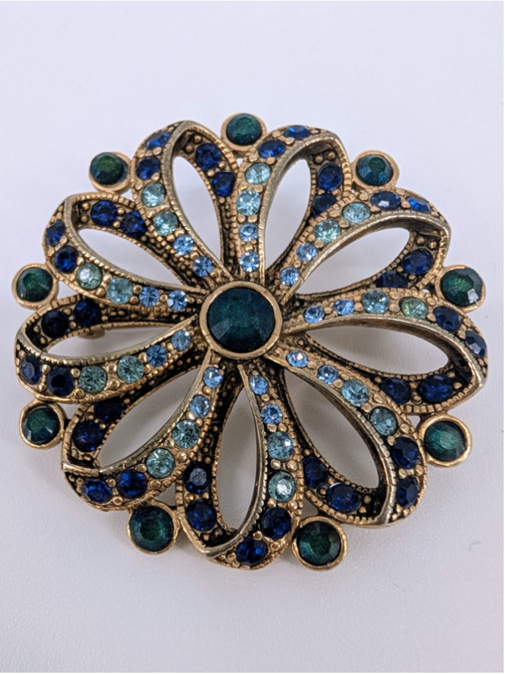 Vintage Liz Claiborne Brooch Blue Teal Rhinestone GoldTone Flower Pin Brooched